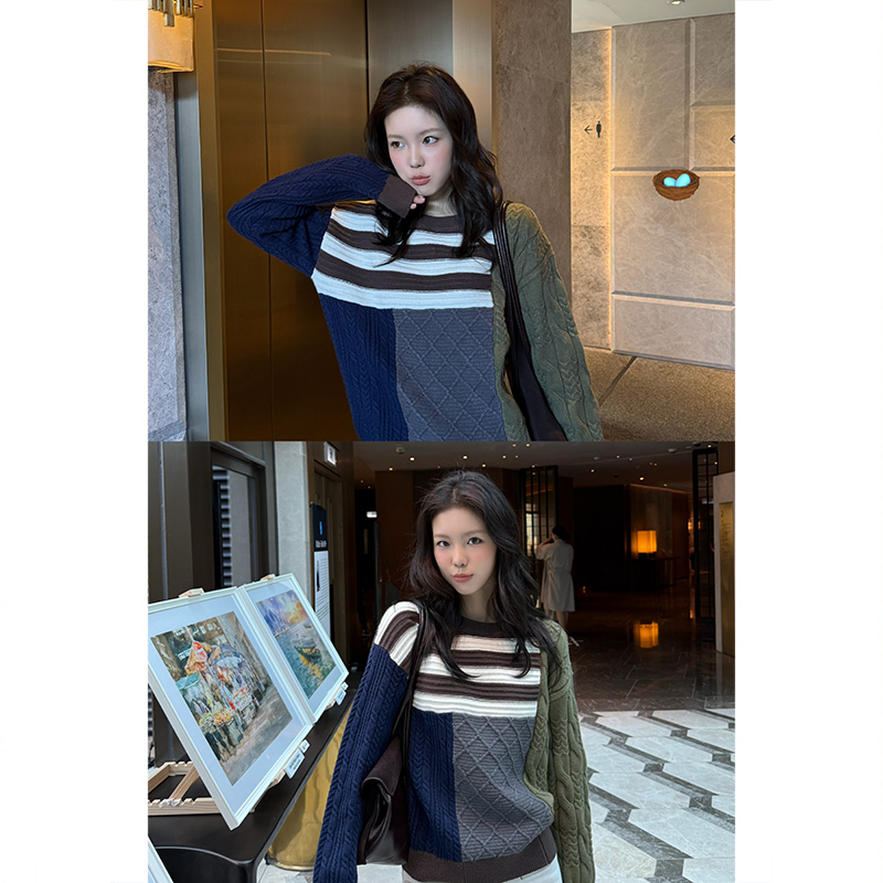 Tuuuh Picture Book [Rome Illustrated] Vintage Patchwork Color-Block Sweater for Women, Autumn Loose Knit Top