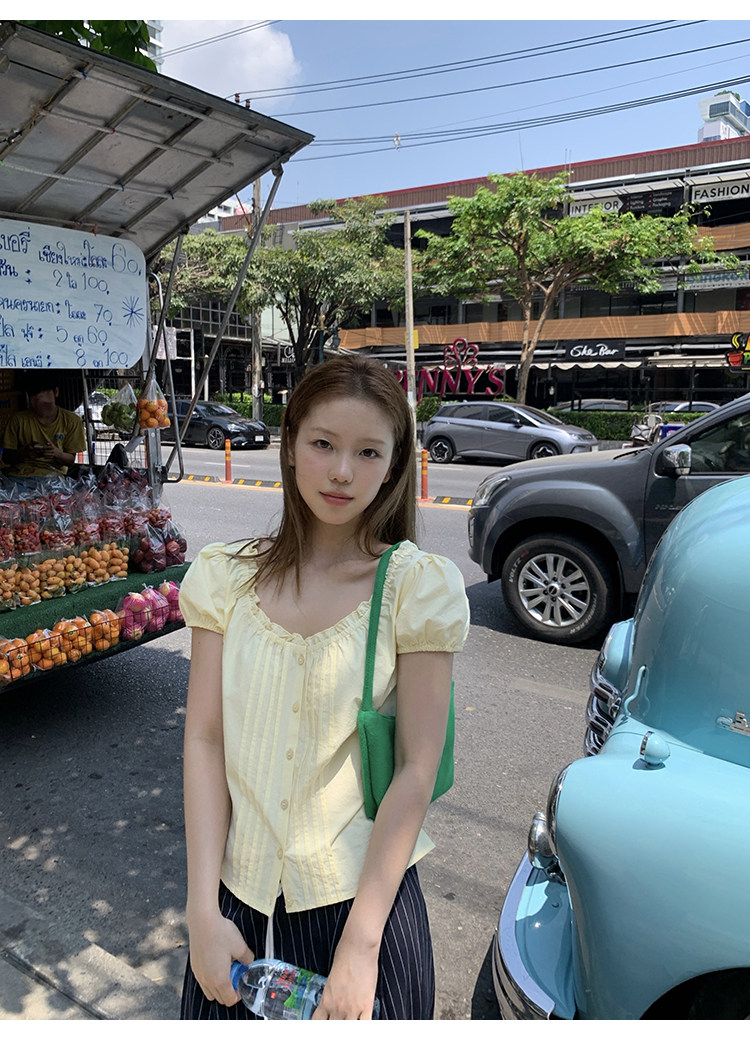 Tuuuh рубашка женская с короткими рукавами и квадратным вырезом со складками светло-желтая нежного стиля