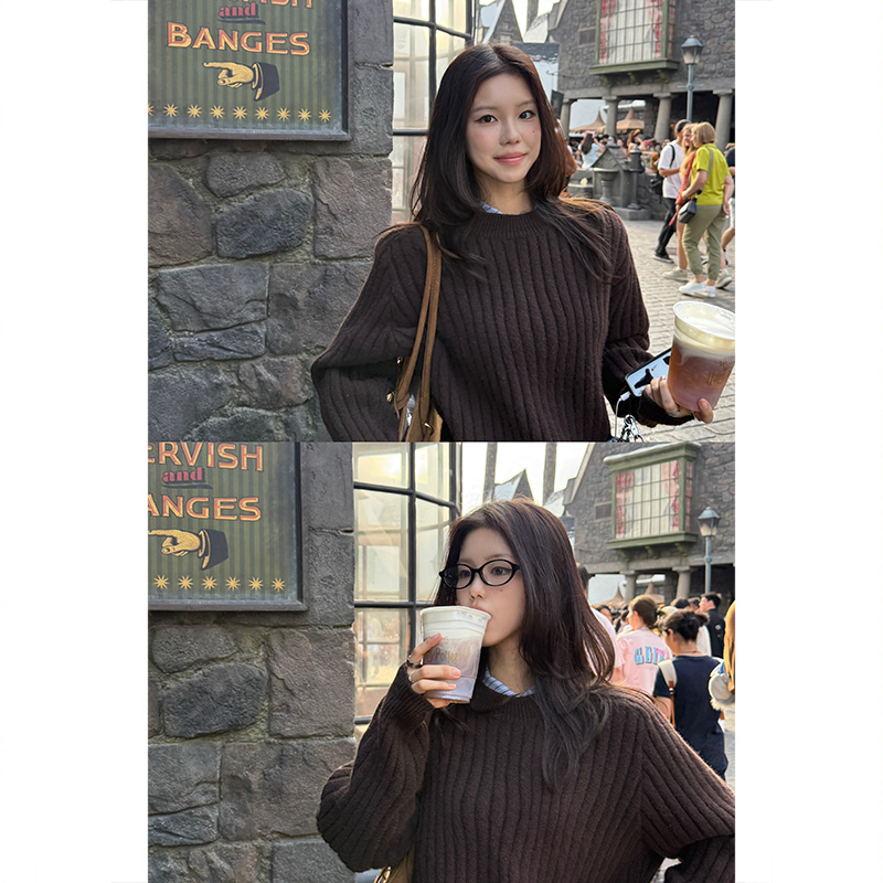 Tuuuh Picture Book【Cozy Winter Days】Dark Brown Vertical Ribbed Crew Neck Sweater Autumn and Winter Melard Soft Knit Tuuuh Picture Book【Cozy Winter Days】Dark Brown Vertical Ribbed Crew Neck Sweater Autumn and Winter Melard Soft Knit