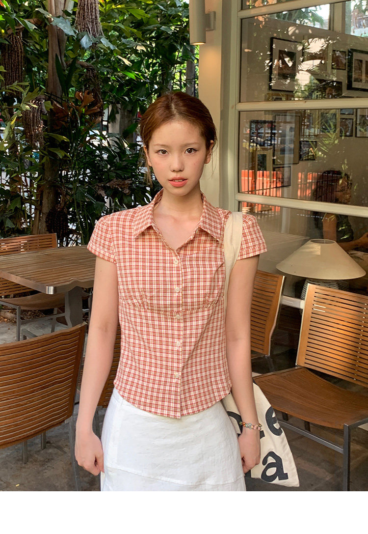 Tuuuh рубашка женская клетчатая с отложным воротником короткая с коротким рукавом весна-лето корейский стиль приталенная офисная блузка