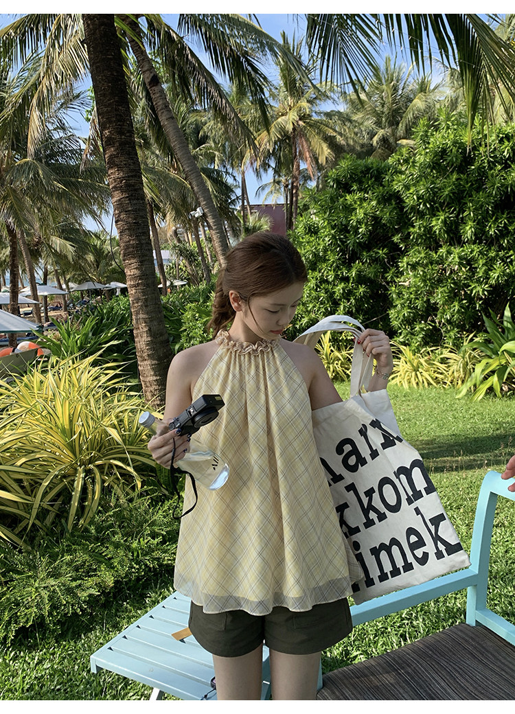 Tuuuh платье женское летнее французское ретро с завязками на шее в клетку свободное универсальное для отпуска