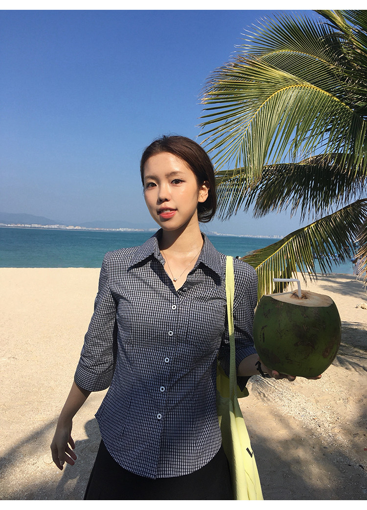 Tuuuh рубашка женская с рукавами три четверти отложным воротником весна-осень корейский стиль повседневная стройнящая универсальная в клетку