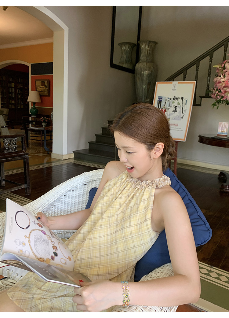 Tuuuh платье женское летнее французское ретро с завязками на шее в клетку свободное универсальное для отпуска