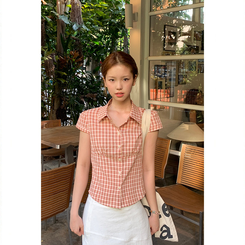 Tuuuh рубашка женская клетчатая с отложным воротником короткая с коротким рукавом весна-лето корейский стиль приталенная офисная блузка