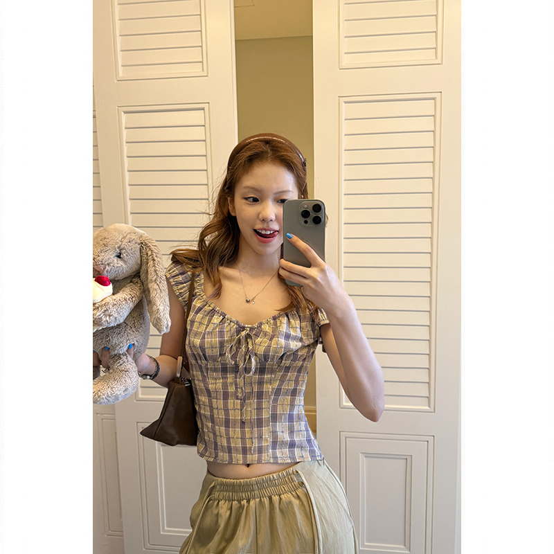 Tuuuh Picture Book【Purple Grid Soft Breeze】Vintage Purple and Yellow Plaid Top Women's Summer Heart-Shaped Collar Tie-Up Shirt Tuuuh Picture Book【Purple Grid Soft Breeze】Vintage Purple and Yellow Plaid Top Women's Summer Heart-Shaped Collar Tie-Up Shirt