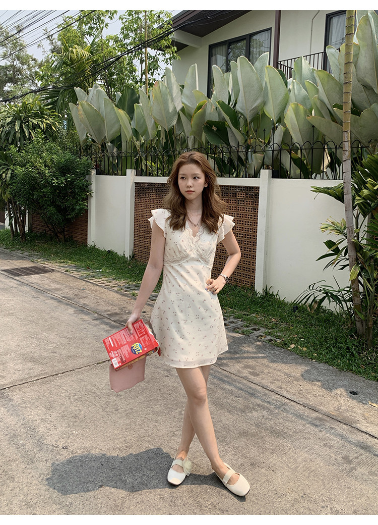 Tuuuh летнее платье с цветочным принтом, V-образный вырез, кружевные вставки, короткие рукава