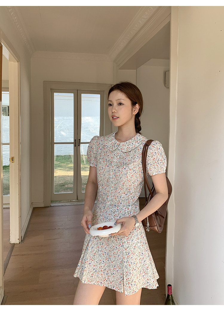 Tuuuh платье с воротником-жабо, рукавами-буфами и цветочным принтом женское весенне-летнее корейский стиль школьный стройнящее милое