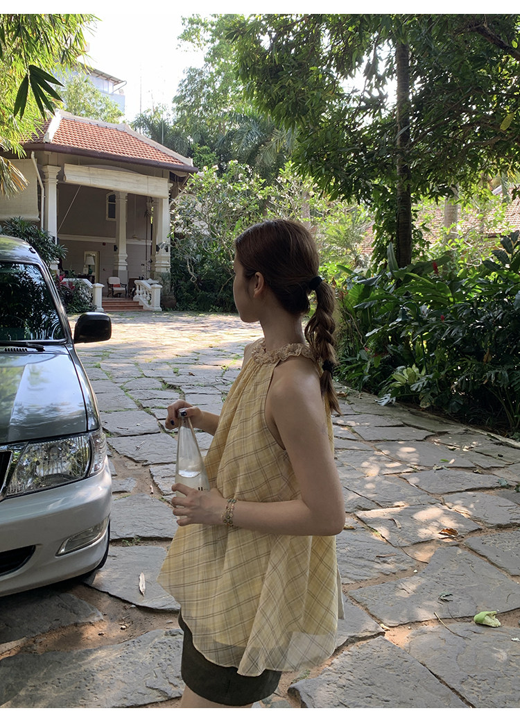 Tuuuh платье женское летнее французское ретро с завязками на шее в клетку свободное универсальное для отпуска