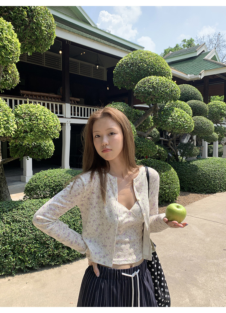 Tuuuh альбом для рисования мелкий цветочный принт круглый вырез кардиган с длинными рукавами женский корейский стиль тонкий короткий топ