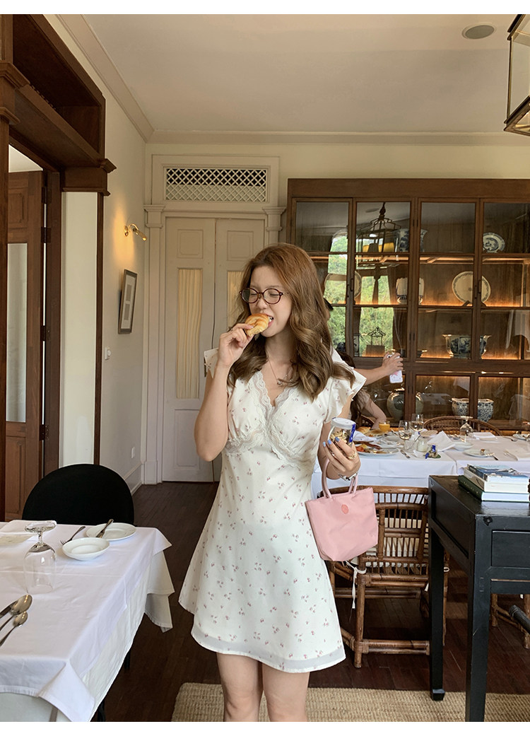 Tuuuh летнее платье с цветочным принтом, V-образный вырез, кружевные вставки, короткие рукава