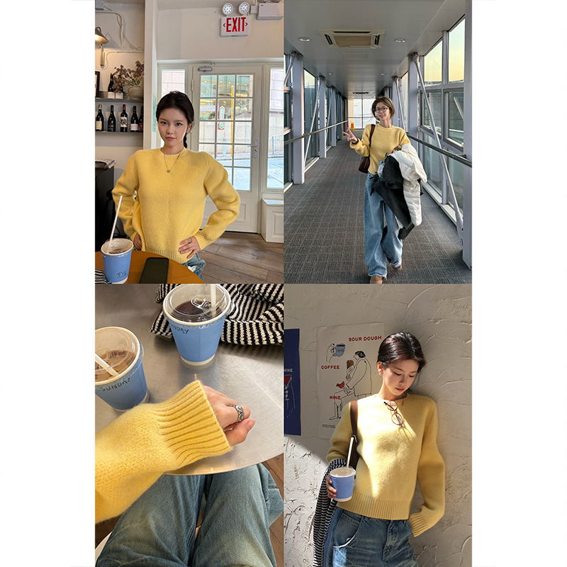Tuuuh Picture Book [Soft and Fluffy Goose Yellow] Goose Yellow Round Neck Sweater for Women, Autumn Simple Soft and Fluffy Knit Top