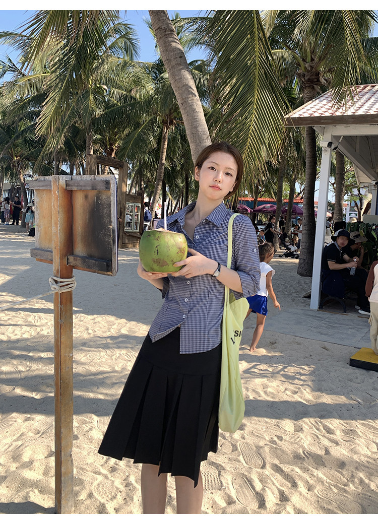 Tuuuh рубашка женская с рукавами три четверти отложным воротником весна-осень корейский стиль повседневная стройнящая универсальная в клетку