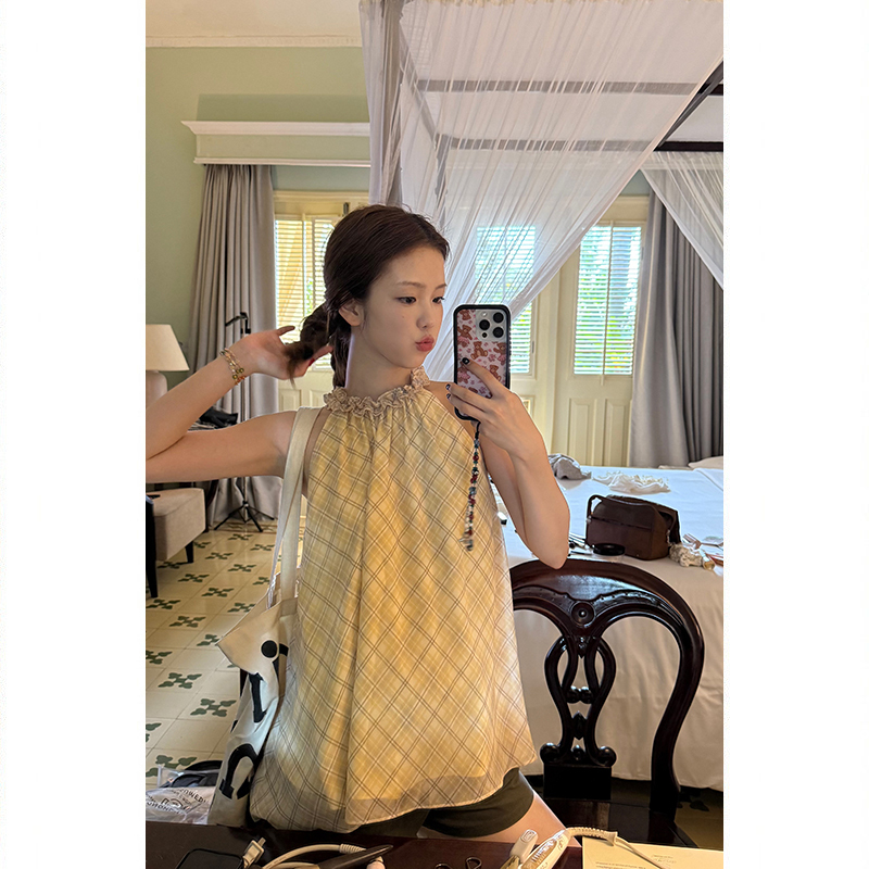 Tuuuh Picture Book Style French Retro Halter Neck Suspender Plaid Dress for Women, Loose and Versatile Summer Vacation Dress