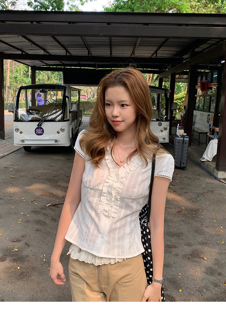 Tuuuh женская белая рубашка с французскими рюшами летняя V-образный вырез приталенная универсальная короткий рукав блузка