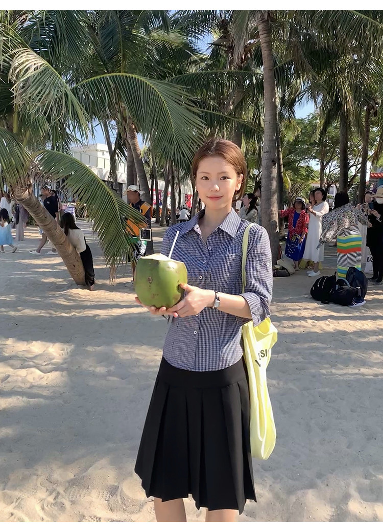 Tuuuh рубашка женская с рукавами три четверти отложным воротником весна-осень корейский стиль повседневная стройнящая универсальная в клетку