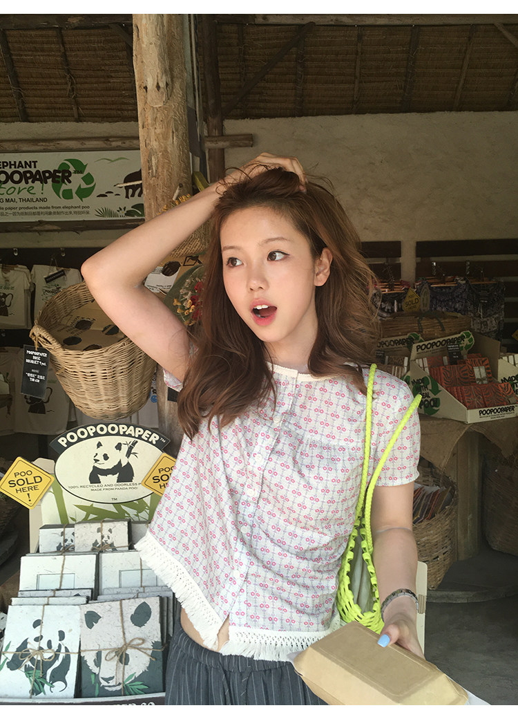 Tuuuh рубашка с короткими рукавами в цветочек женская винтажная корейский стиль весна-лето повседневная универсальная с бахромой стройнящая блузка