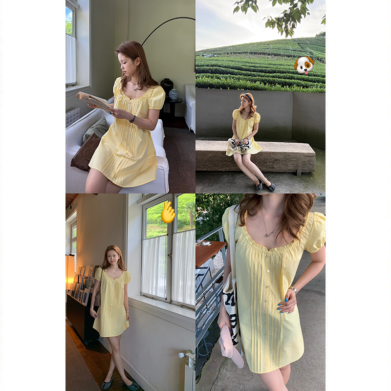 Tuuuh Picture Book【Summer Goose Yellow】Cheese Yellow Square Neck Cotton Puff Sleeve Dress Women's Loose Short Skirt