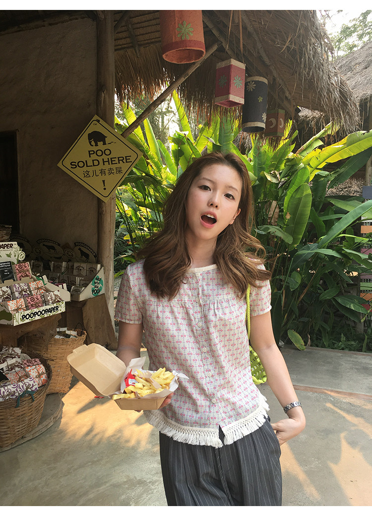 Tuuuh рубашка с короткими рукавами в цветочек женская винтажная корейский стиль весна-лето повседневная универсальная с бахромой стройнящая блузка