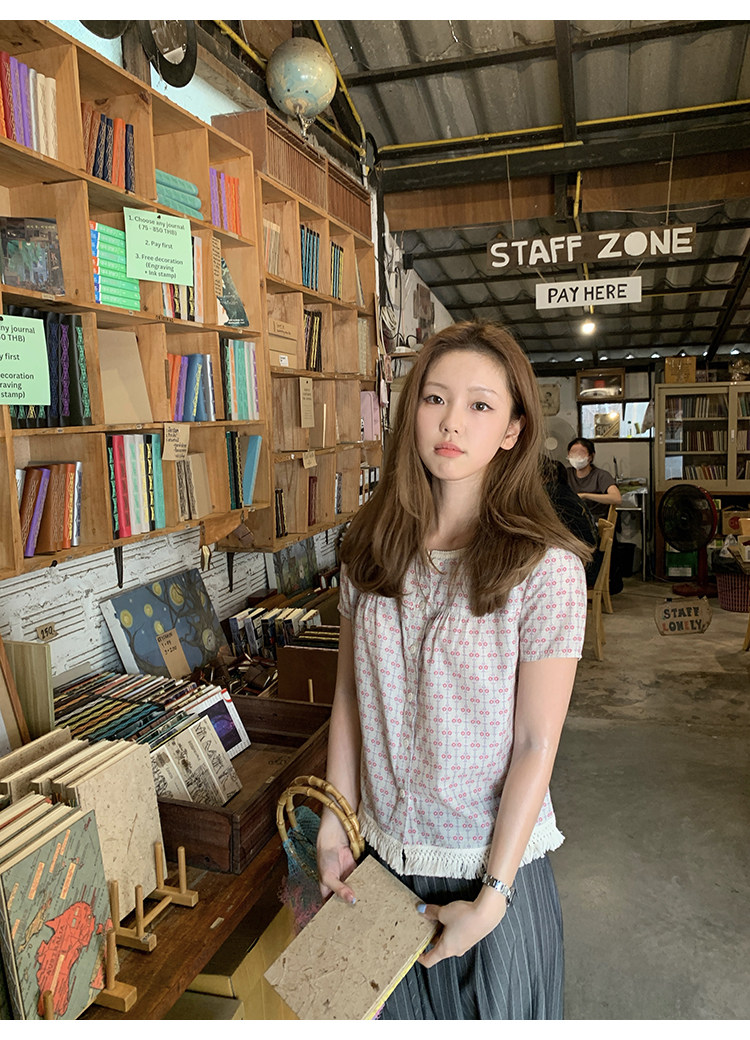 Tuuuh рубашка с короткими рукавами в цветочек женская винтажная корейский стиль весна-лето повседневная универсальная с бахромой стройнящая блузка