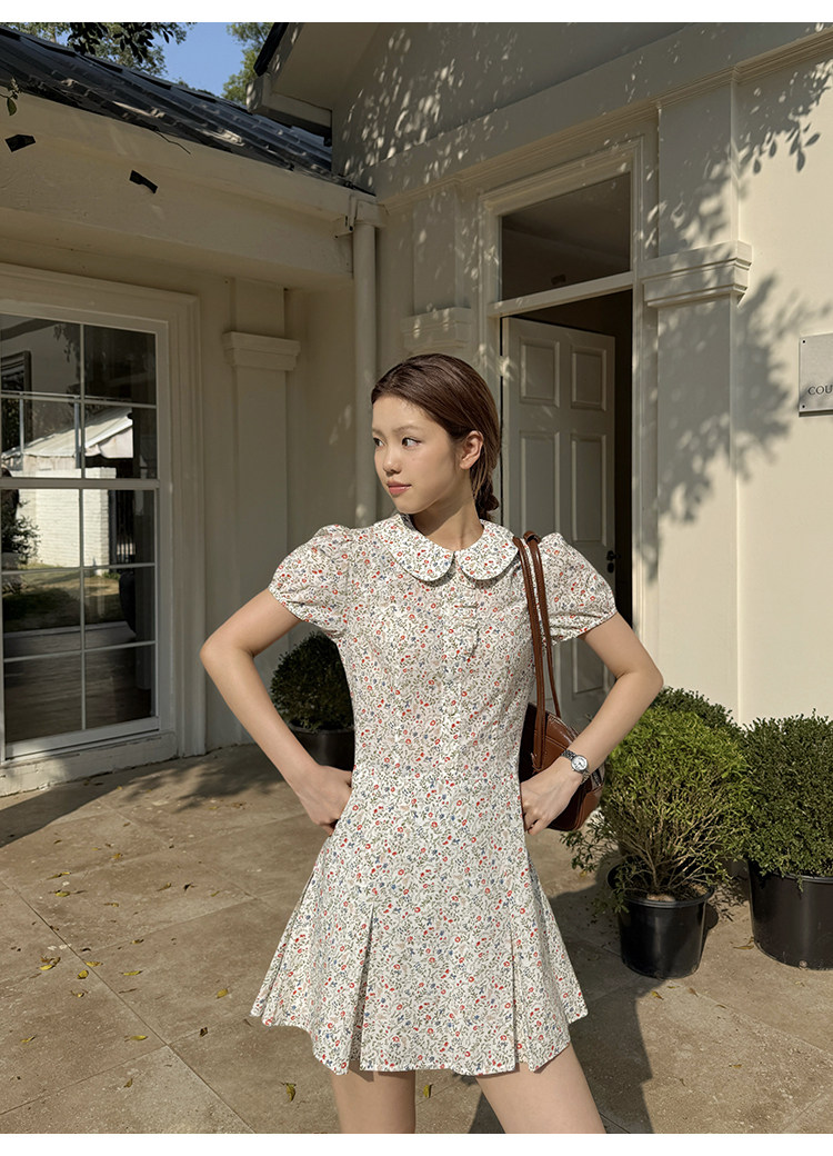 Tuuuh платье с воротником-жабо, рукавами-буфами и цветочным принтом женское весенне-летнее корейский стиль школьный стройнящее милое