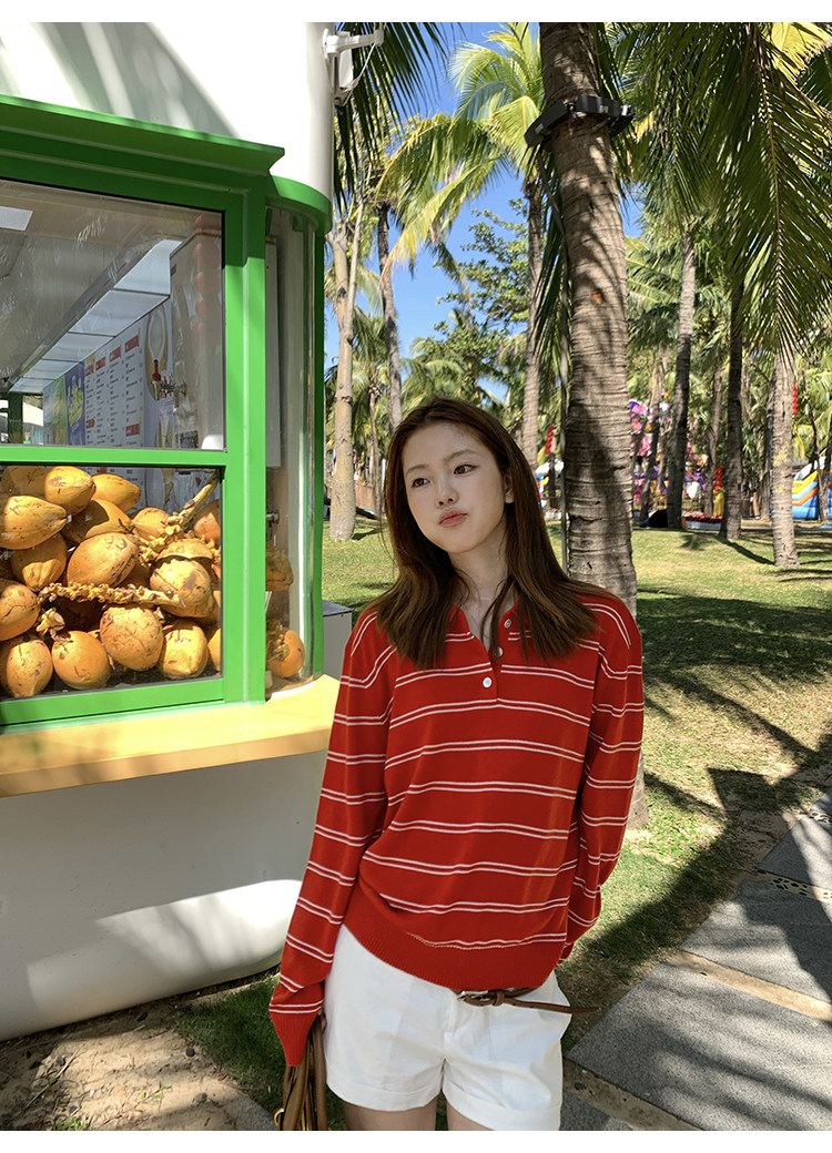 Tuuuh женский красный вязаный свитер с воротником поло в полоску, корейский стиль, винтаж, повседневный, стройнящий