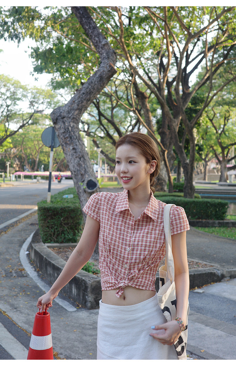 Tuuuh рубашка женская клетчатая с отложным воротником короткая с коротким рукавом весна-лето корейский стиль приталенная офисная блузка