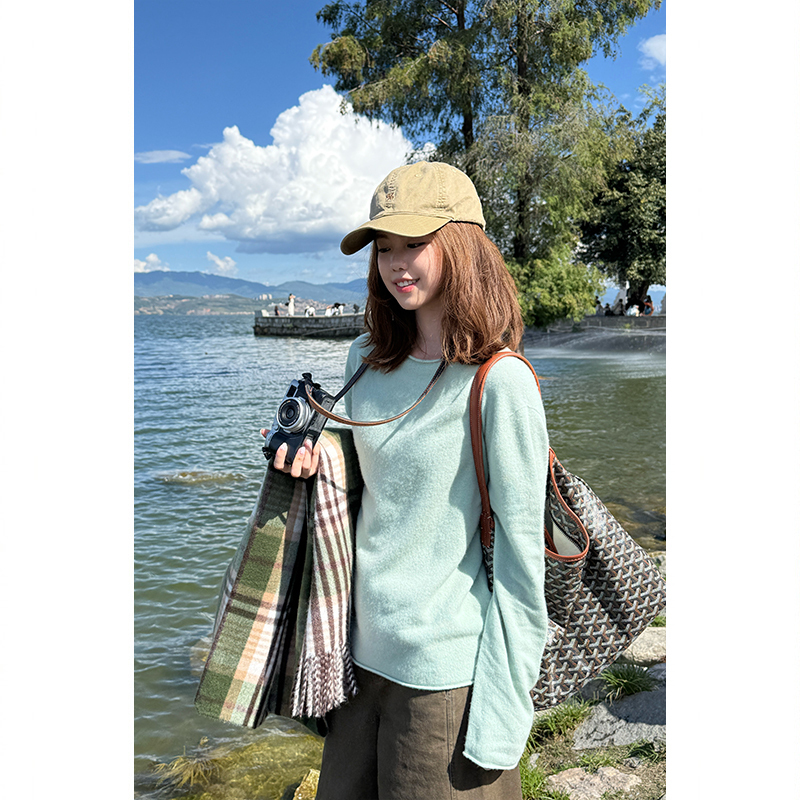 Tuuuh Picture Book Style Round Neck Pullover Sweater, Lazy and Sophisticated, Women's Autumn Korean Style Versatile Rolled Hem Top