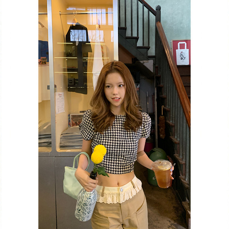 Tuuuh рубашка женская клетчатая с пуфовыми рукавами приталенная короткая блузка летняя