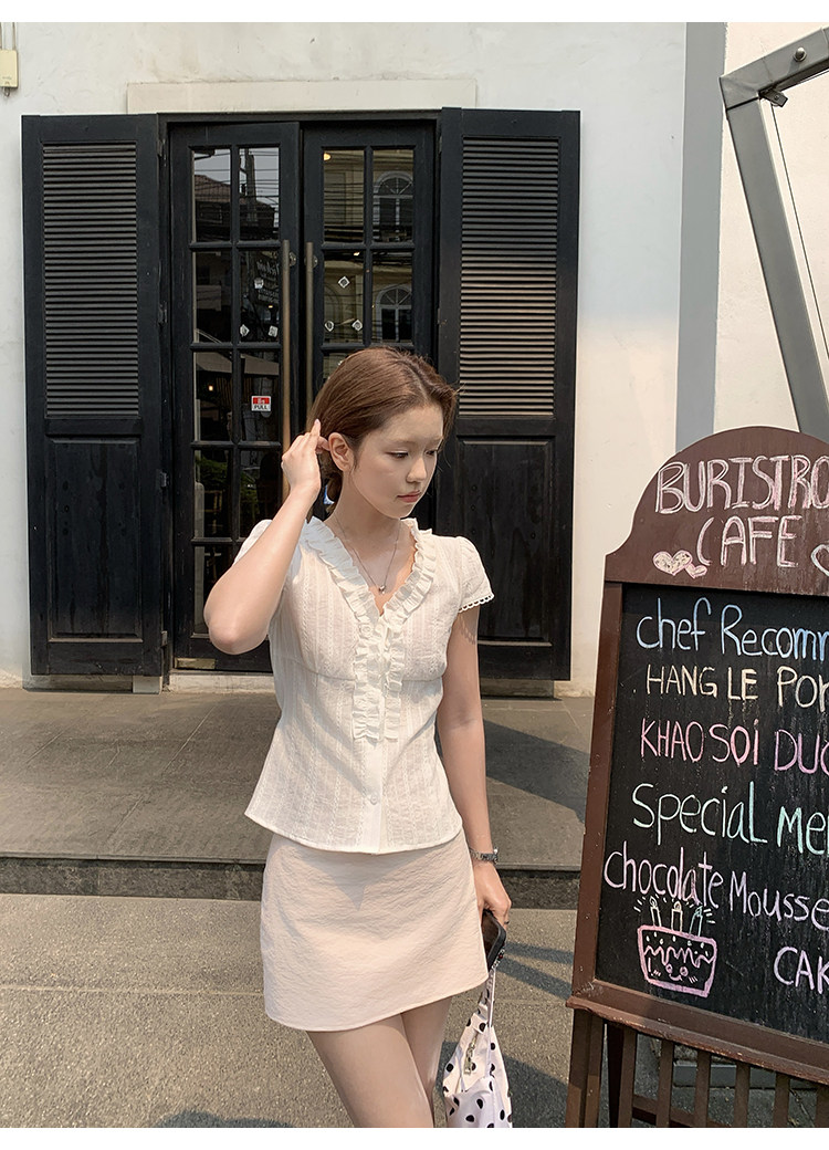 Tuuuh женская белая рубашка с французскими рюшами летняя V-образный вырез приталенная универсальная короткий рукав блузка
