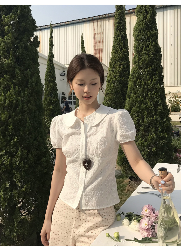 Tuuuh блузка белая с кукольным воротником и рукавами-буфами женская весна-лето французская кружевная жаккардовая милая рубашка