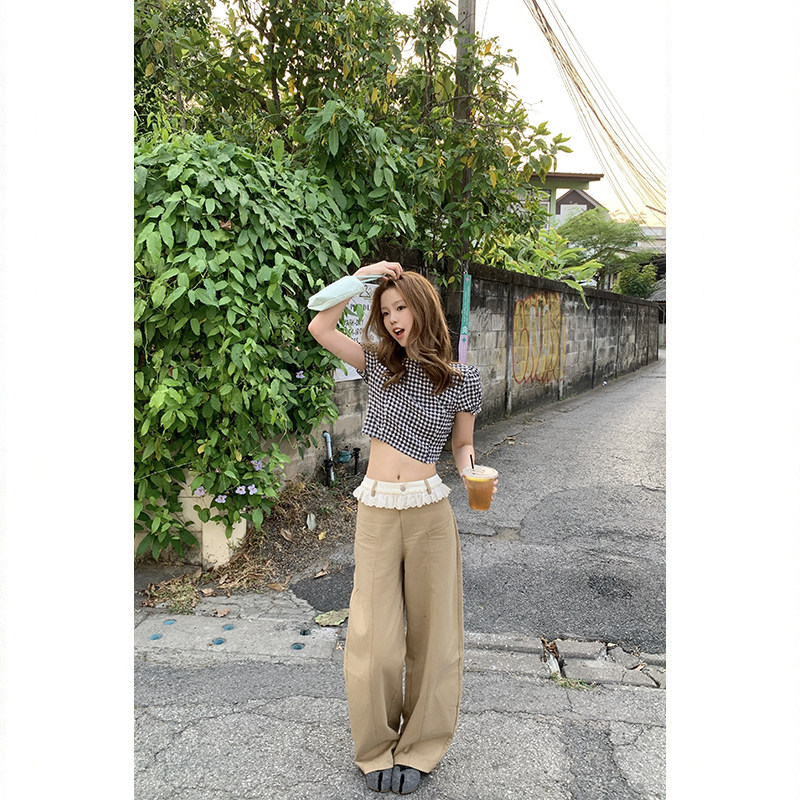 Tuuuh женские повседневные брюки с кружевной отделкой, широкие длинные брюки цвета хаки, весенняя коллекция