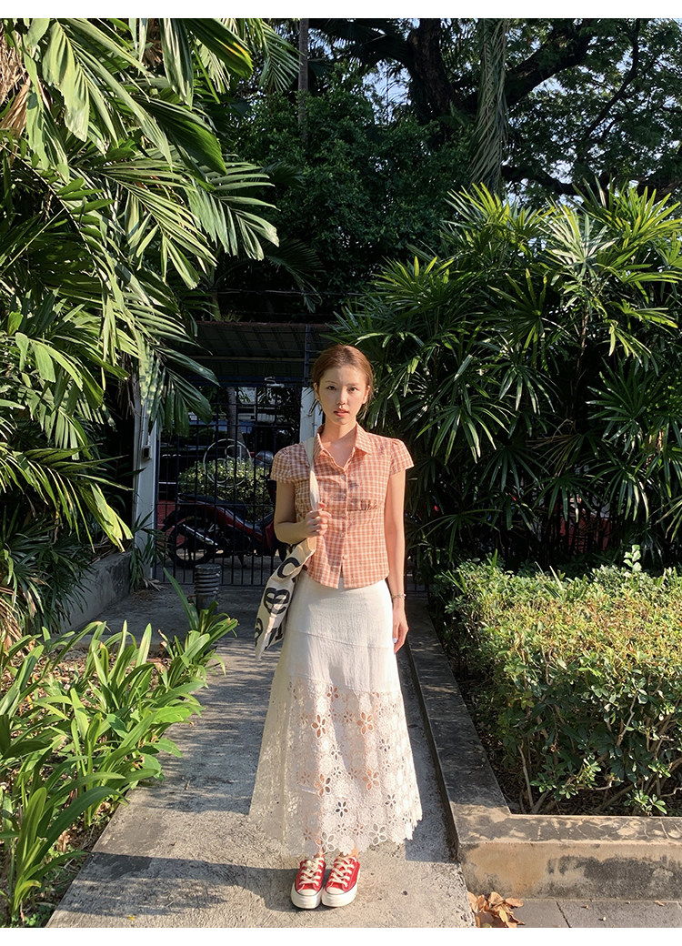 Tuuuh рубашка женская клетчатая с отложным воротником короткая с коротким рукавом весна-лето корейский стиль приталенная офисная блузка