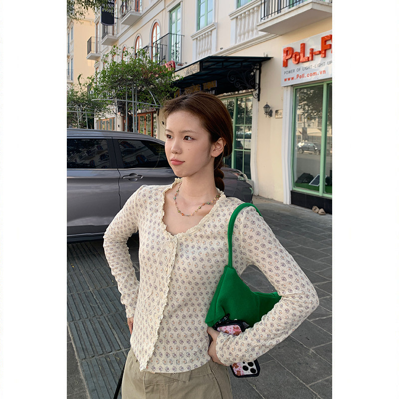 Tuuuh женский тонкий вязаный кардиган с длинными рукавами и цветочным принтом, приталенный с круглым вырезом