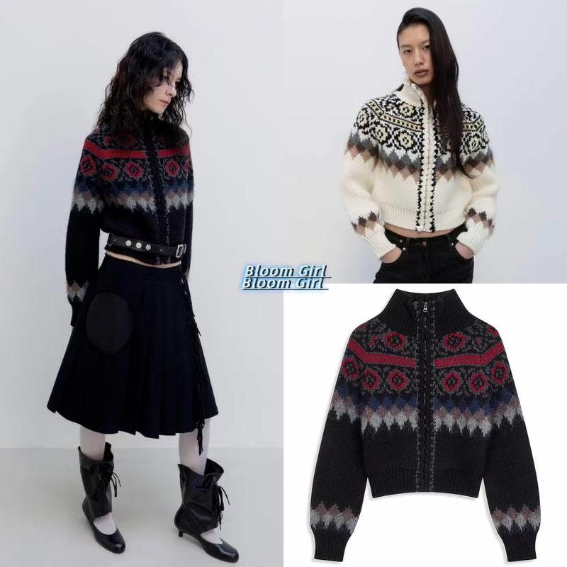 Small Amount in Stock *Open Yy Loose and Versatile Retro Fair Isle Jacquard Zip-Up Stand Collar Long-Sleeve Sweater Jacket