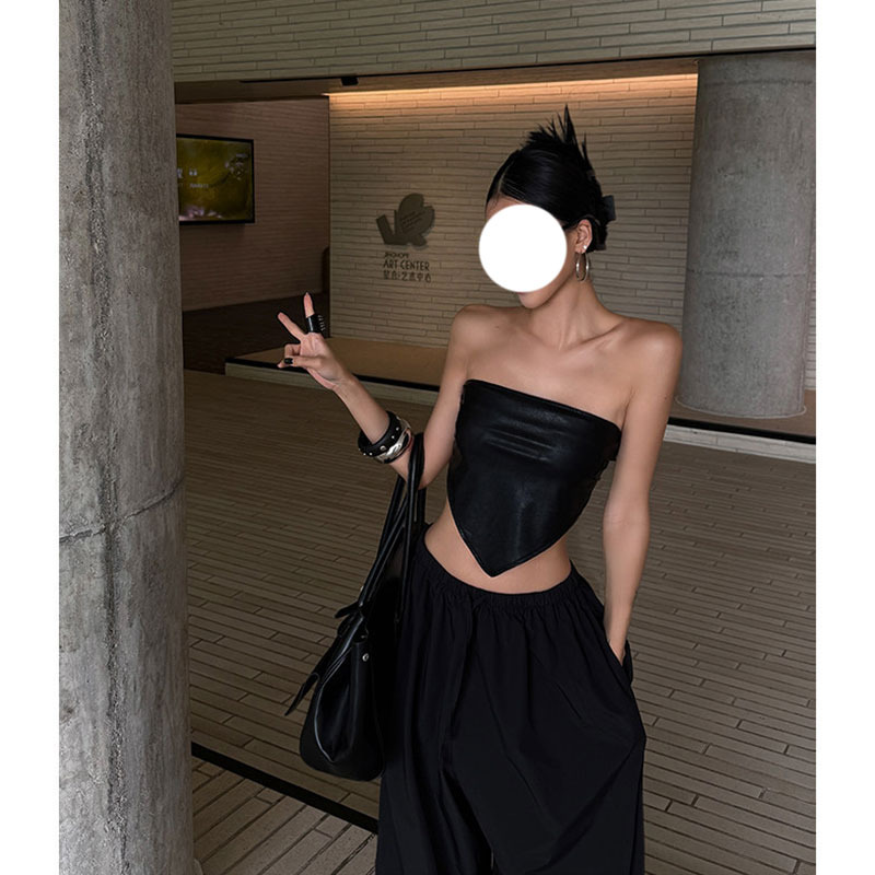 2026 Summer New Style Black Pu Leather Strapless Tube Top Cool Vest + Wide-Leg Casual Pants for Women 2026 Summer New Style Black Pu Leather Strapless Tube Top Cool Vest + Wide-Leg Casual Pants for Women