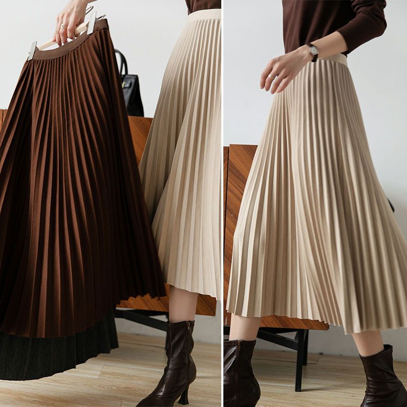 Brown Autumn and Winter Woolen Pleated Skirt for Women, Mid-Length 2026 New A-Line Skirt, Versatile, Body-Covering, Over-The-Knee Skirt