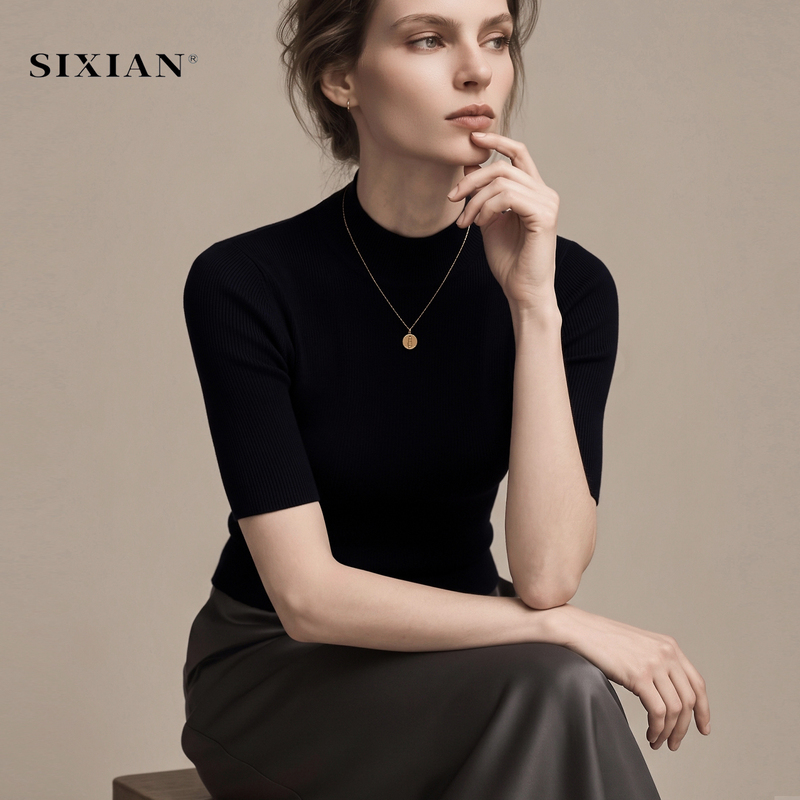 Machine Washable! High-End Merino Superfine Worsted 100% Pure Wool Sweater for Women, Half-Short Sleeves, Yangzi Yarn Base Layer, Slimming Effect Machine Washable! High-End Merino Superfine Worsted 100% Pure Wool Sweater for Women, Half-Short Sleeves, Yangzi Yarn Base Layer, Slimming Effect