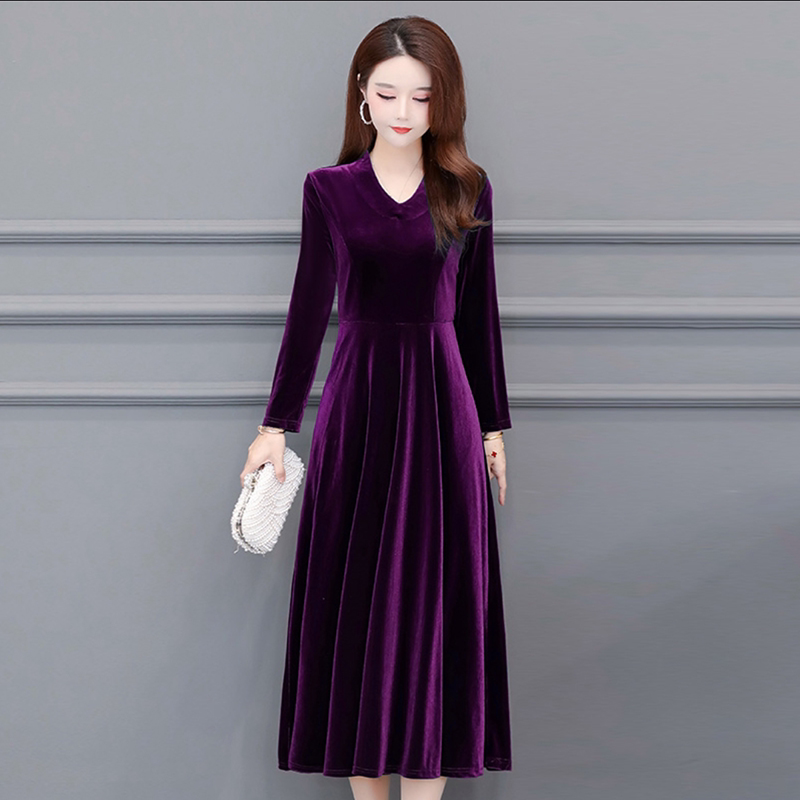 High-End Velvet Long-Sleeved Dress for Women, Spring and Autumn Long Skirt, Mother's Tummy-Covering, Elegant, Knee-Length A-Line Skirt