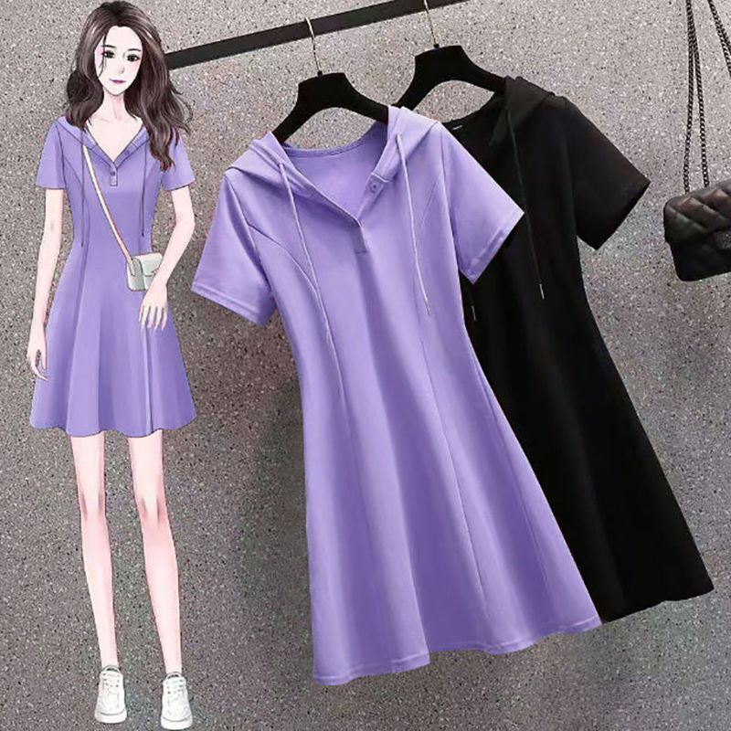 Plus-Size Hooded Short-Sleeved Dress for Women, New Summer Style, Elegant and Fashionable, Waist-Cinching, Slimming, Body-Covering, Mid-Length A-Line Dress