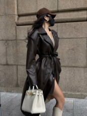 Кожаная куртка 棕色复古中长款过膝pu皮衣外套高级感女2025年秋季新款宽松皮风衣