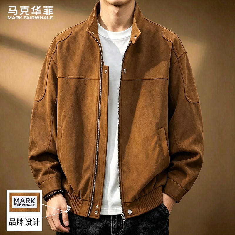 Mark Hua Fei Stand-Up Collar Suede Jacket for Men, Spring and Autumn American Retro Large Size Jacket, Men's 2026 New Model Mark Hua Fei Stand-Up Collar Suede Jacket for Men, Spring and Autumn American Retro Large Size Jacket, Men's 2026 New Model