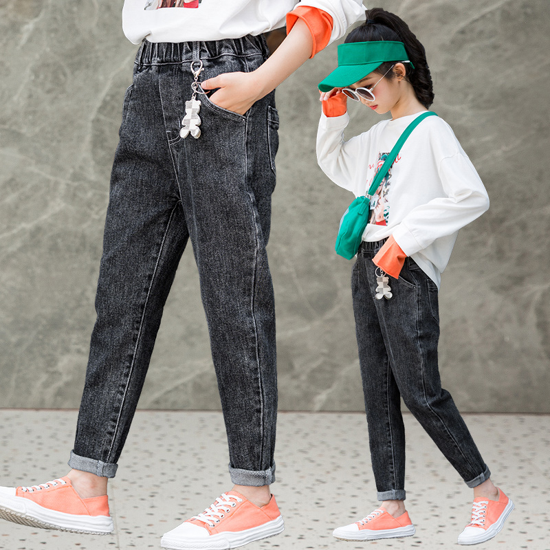 Cô gái mùa xuân và mùa thu quần jean bên ngoài mặc đàn hồi xà cạp nhỏ của trẻ em lỏng quần mùa hè cho trẻ em vừa mỏng.