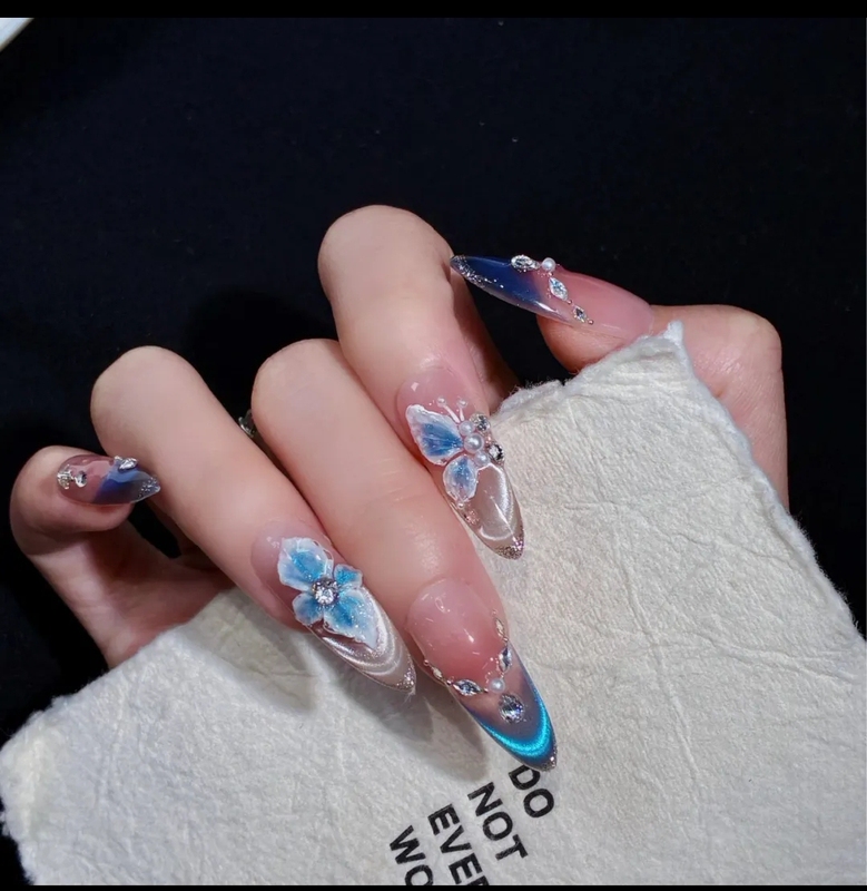 〖Butterfly Shadow〗 Dreamy Blue Handmade Butterfly Flower 5A Zircon French Cat Eye Sparkling Fairy Wearable Nail Stickers