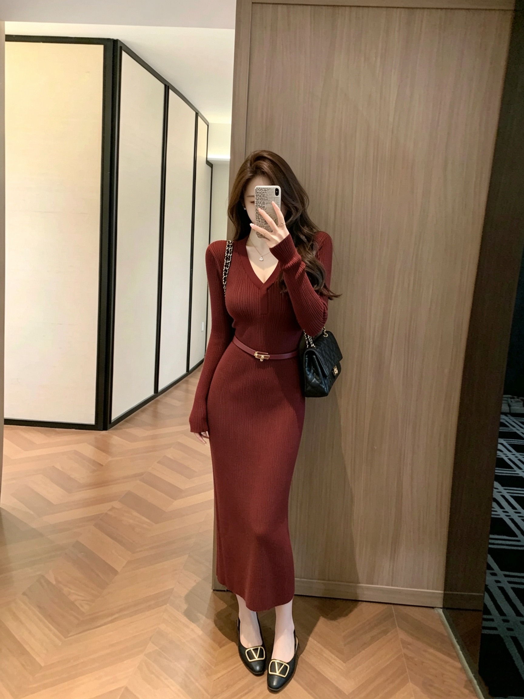 한국 품격 명문 여성 홍콩 스타일 부드러운 숙녀 작은 샤넬 스타일 니트 스웨터 드레스 부서 벨트 만나는 타이트 스커트 상세 이미지 6