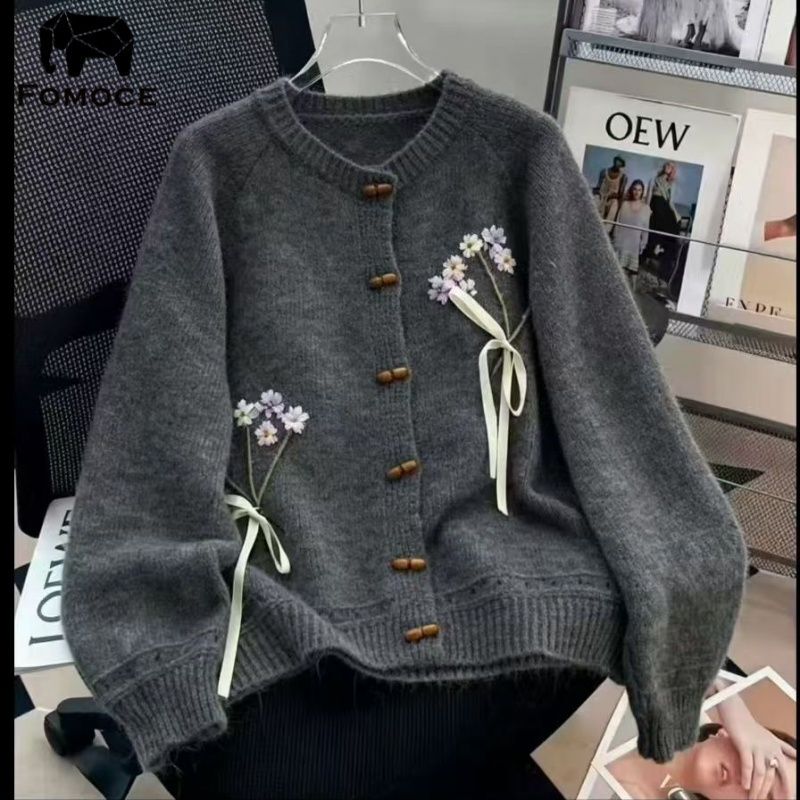 2026 Flower Bow Sweater Cardigan for Women Spring and Autumn Soft and Lazy Style Loose Design Sweet Knitted Jacket for Women