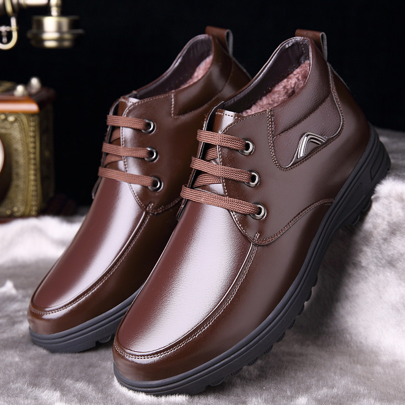 Winter Men Cotton Shoes Plus Suede Warm Genuine Leather Cotton Leather Shoes Thickening Middle Aged Leisure High Drum Non-slip Dad Shoes