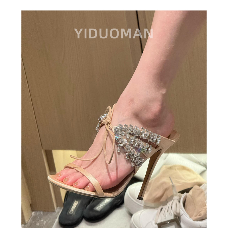 Yiduoman Stunning French-Style Rhinestone Strap Stiletto High Heels for Women 2026 Summer New Open-Toe Sandals