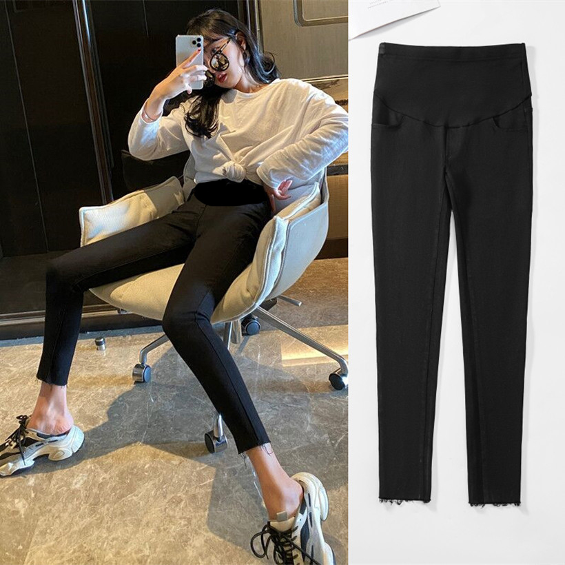 Pregnant women's skinny jeans summer thin section Korean thin elastic blue nine points raw edge skinny pencil pants spring and autumn