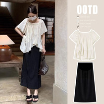 Maternity suit for summer outing thin age-reducing irregular short-sleeved shirt top belly-supporting skirt two-piece set