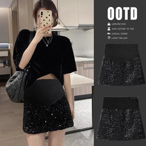 Maternity skirt spring new black sparkling sequin skirt high waist slimming belly-supporting A-line hip-covering short skirt